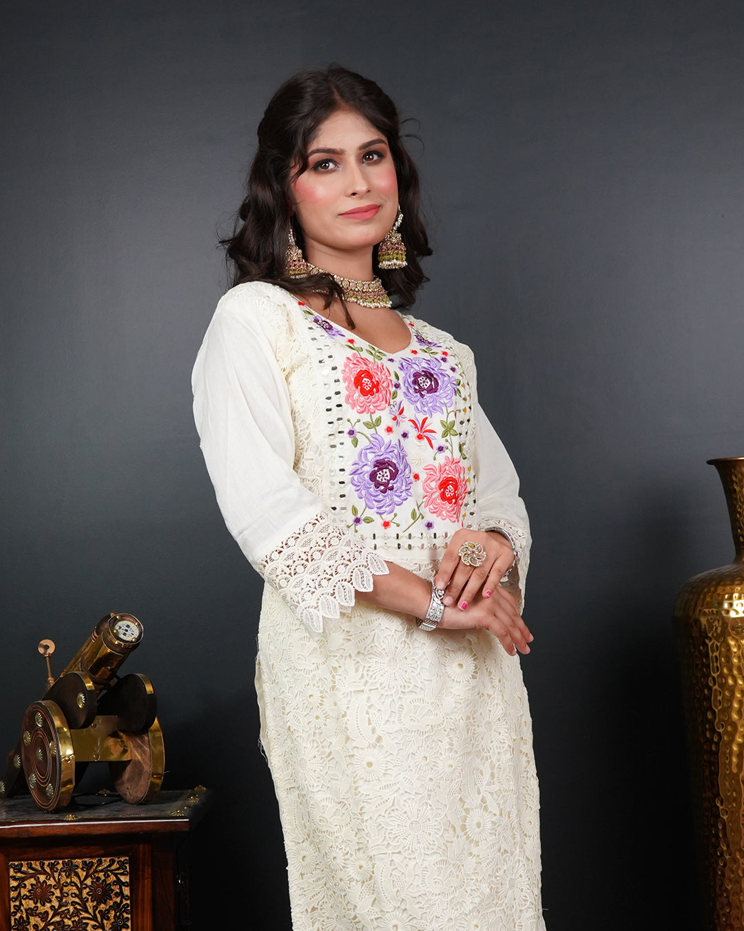 Embroidered Mirror Work Kurti Set