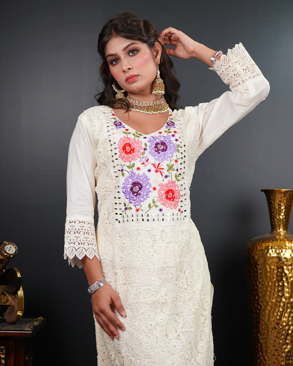 Embroidered Mirror Work Kurti Set