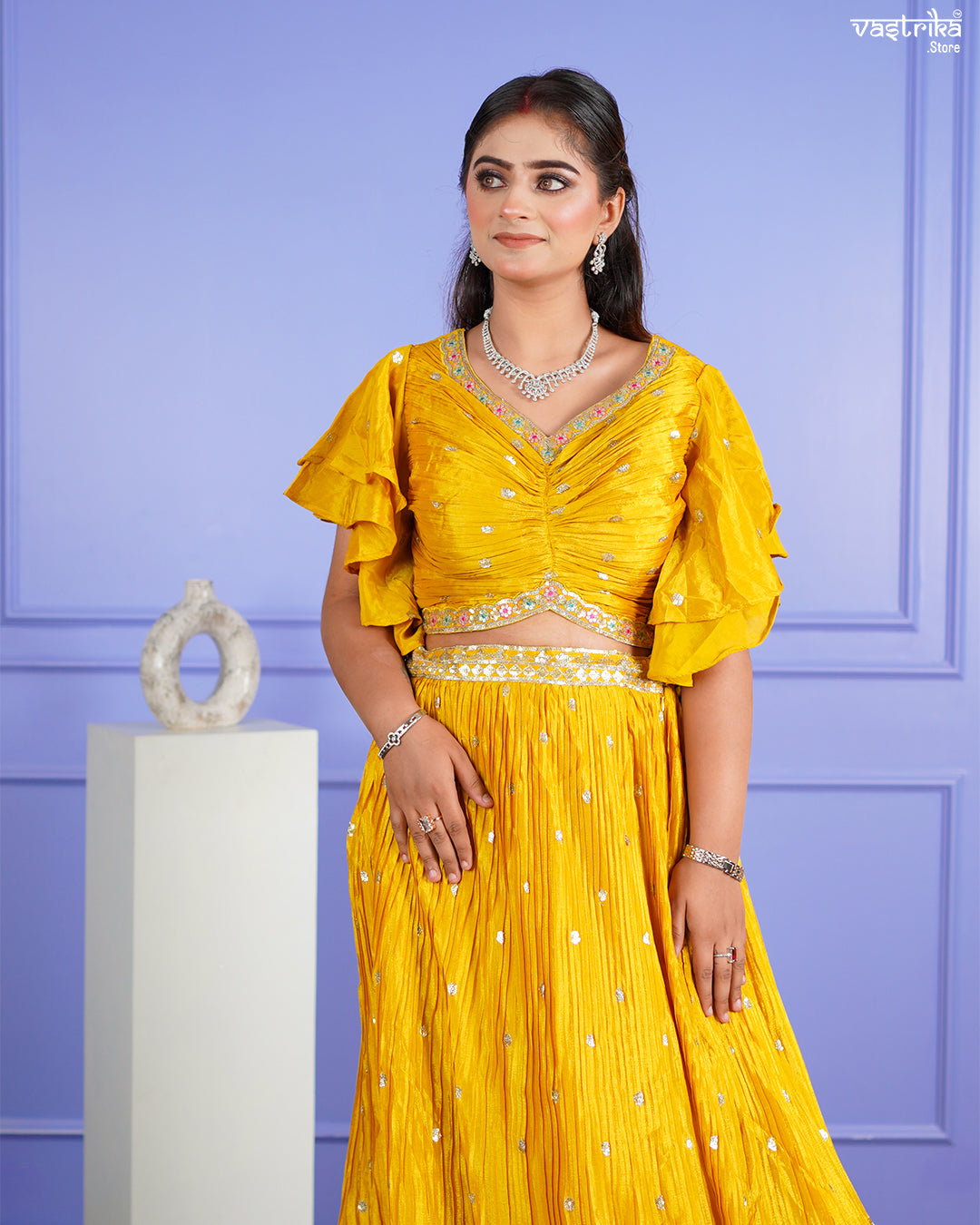 Mustard Chinon Crop Top Set