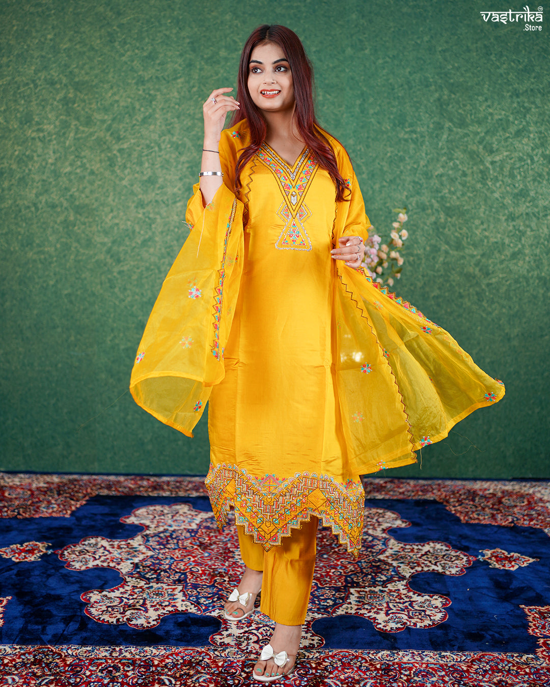 Mustard Roman Silk Kurti Set