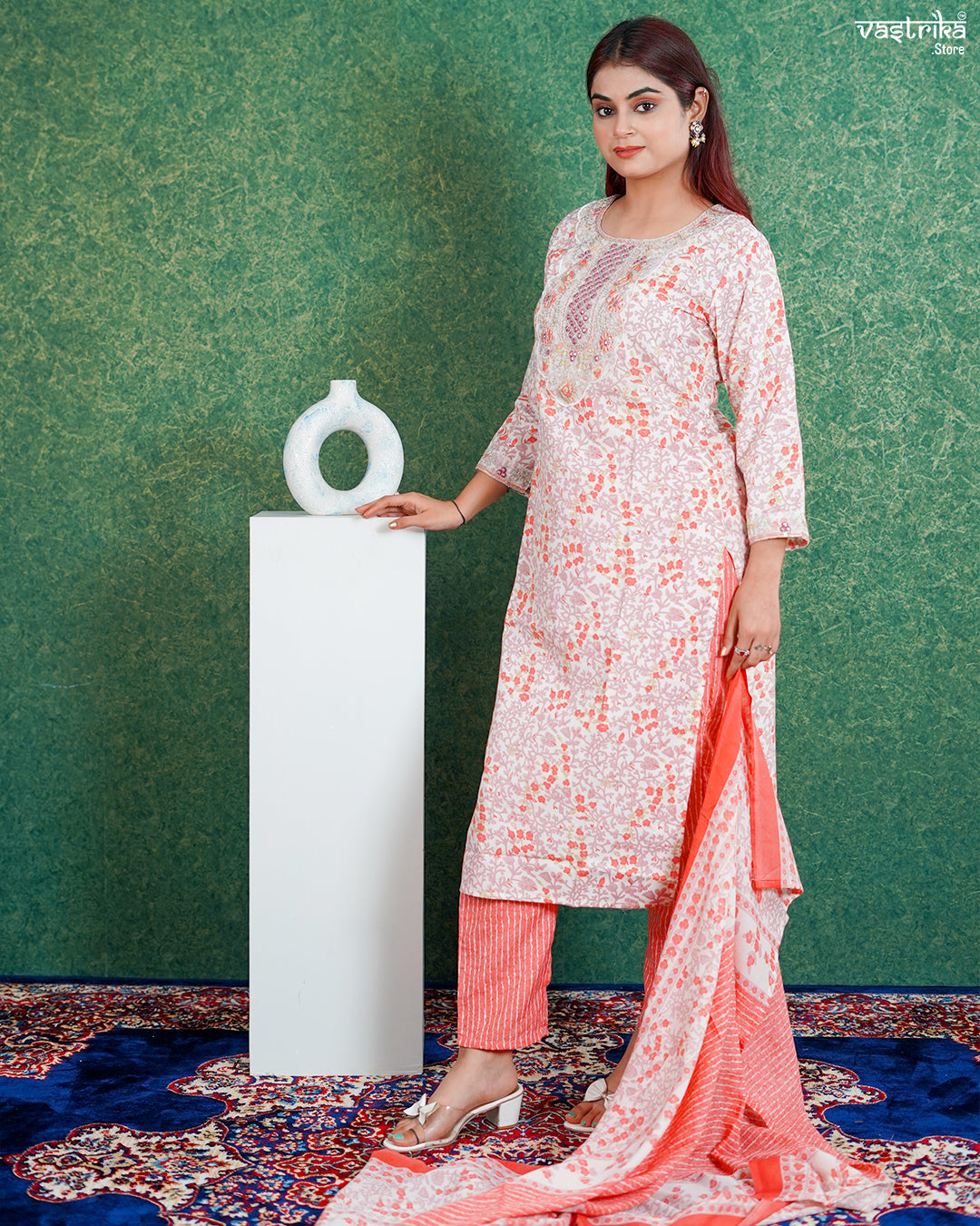 Orange Cotton Printed Kurti Set
