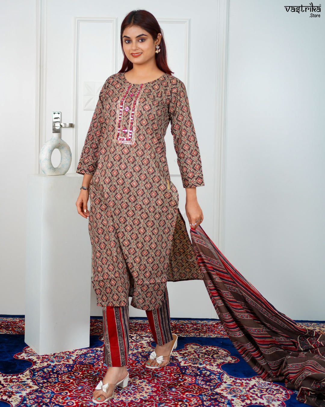 Brown Cotton Printed Kurti Set