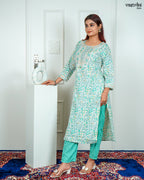 Sea Green Cotton Printed Kurti Set