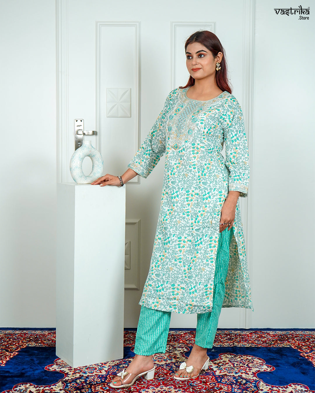 Sea Green Cotton Printed Kurti Set