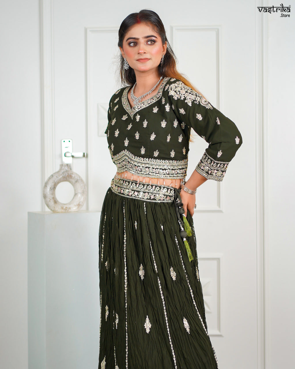 Mehndi Georgette Crop Top Set
