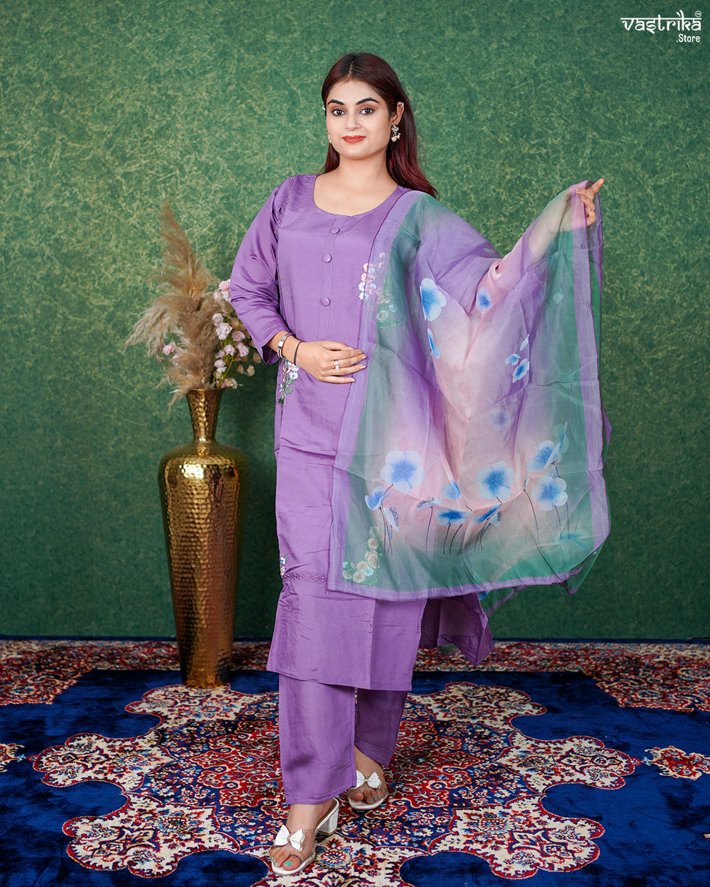 Purple Roman Silk Festive Kurti Set