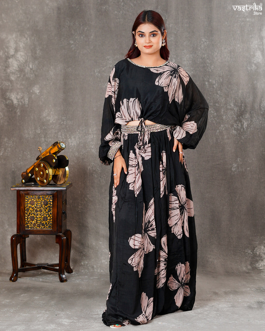 Black Chiffon Digital Print Skirt Set