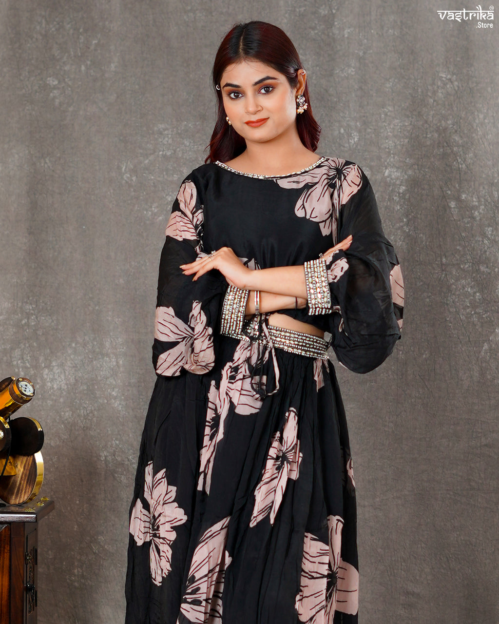 Black Chiffon Digital Print Skirt Set