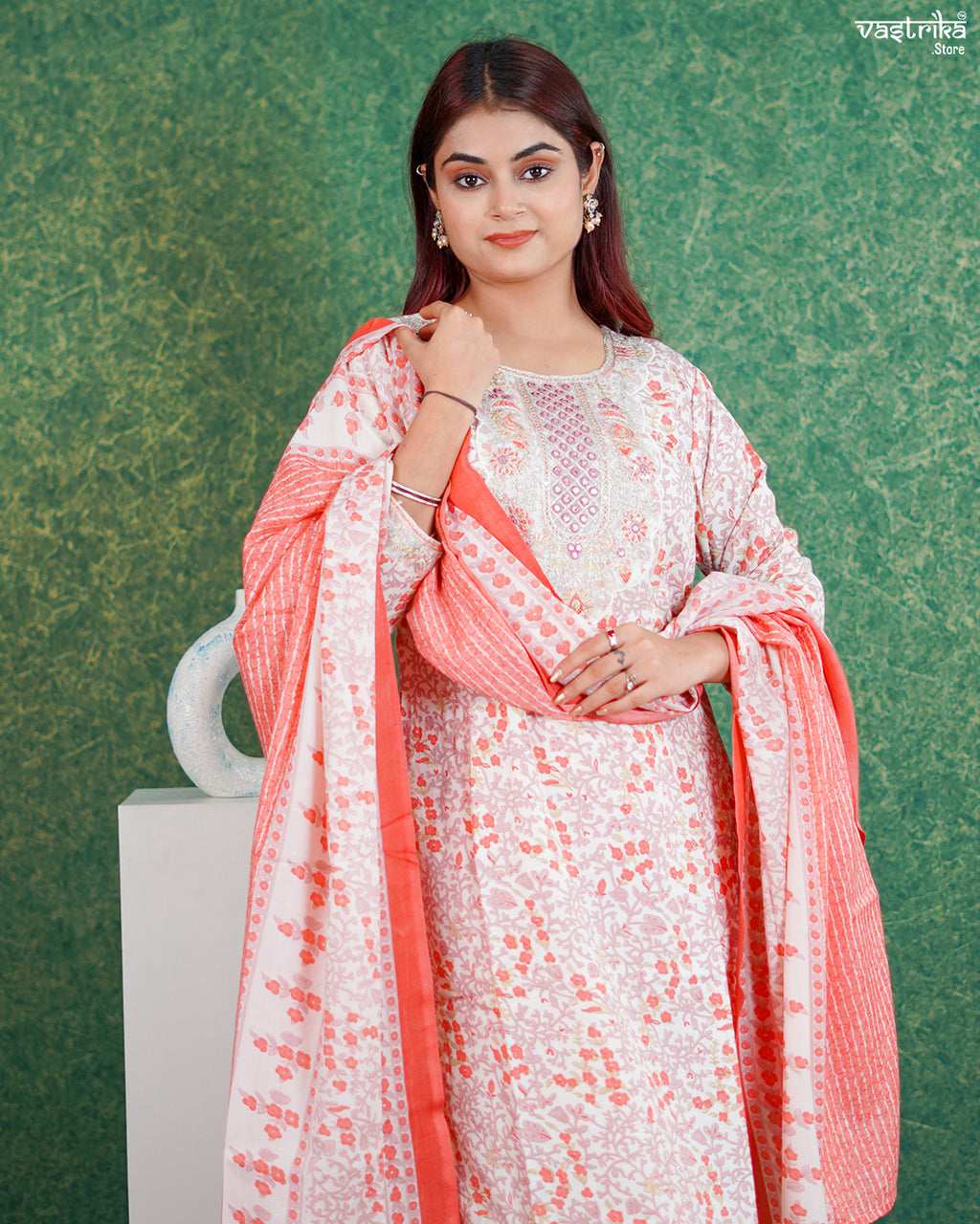 Orange Cotton Printed Kurti Set