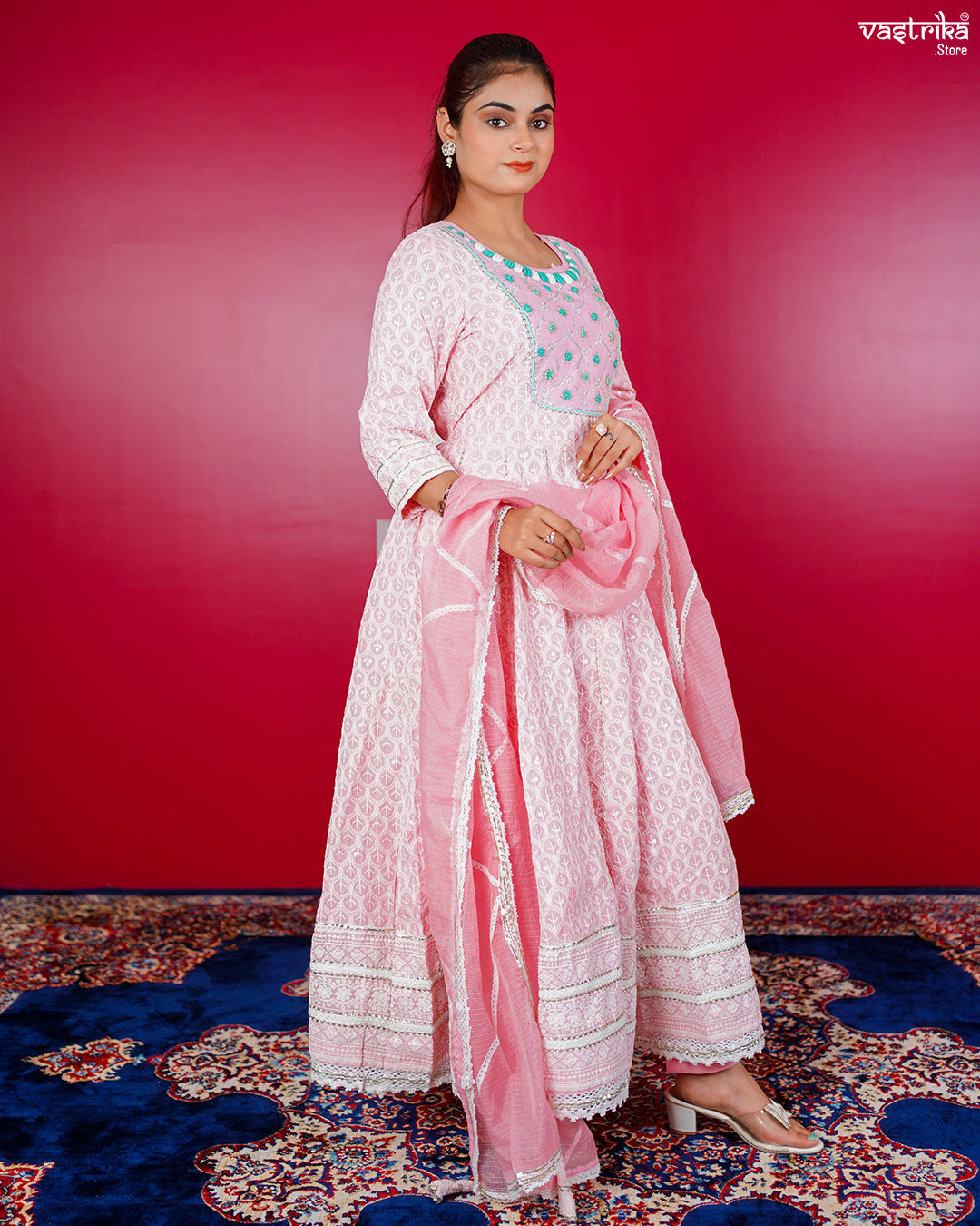 Pink Cotton Lace Frock Set