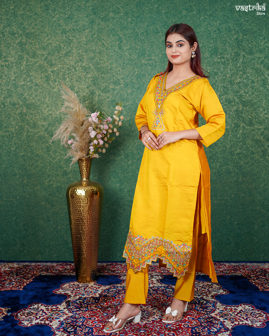 Mustard Roman Silk Kurti Set