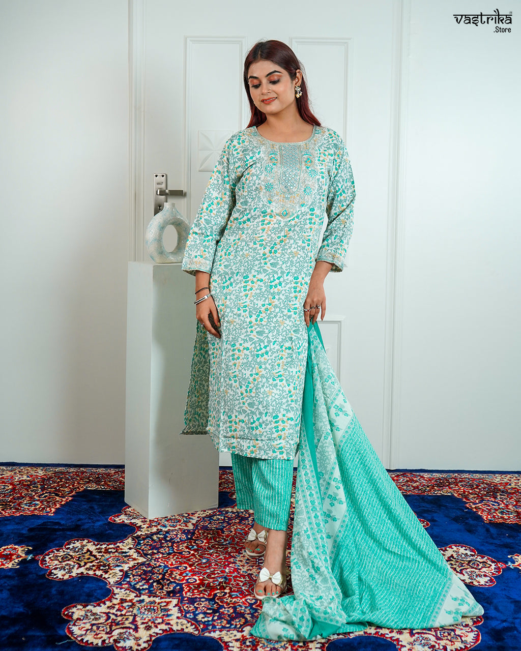 Sea Green Cotton Printed Kurti Set