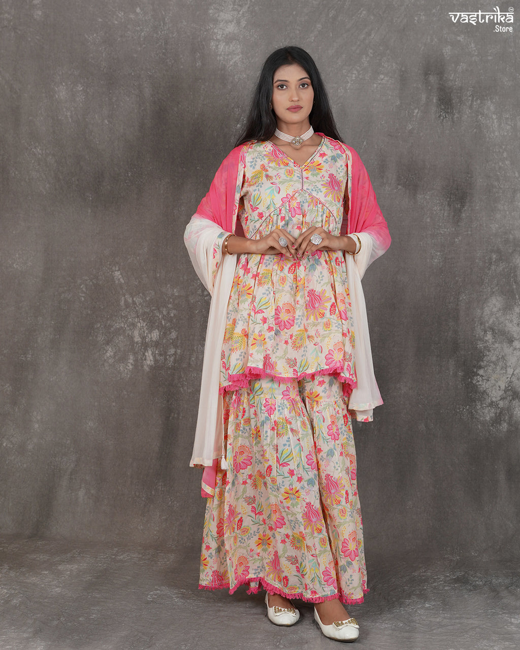 Printed V-Neck Kurti & Alia-Cut Sharara Set