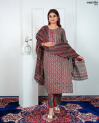 Brown Cotton Printed Kurti Set