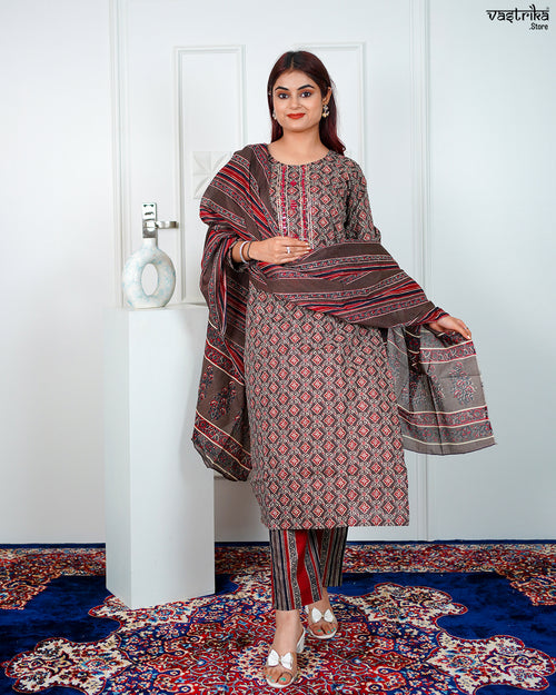 Brown Cotton Printed Kurti Set