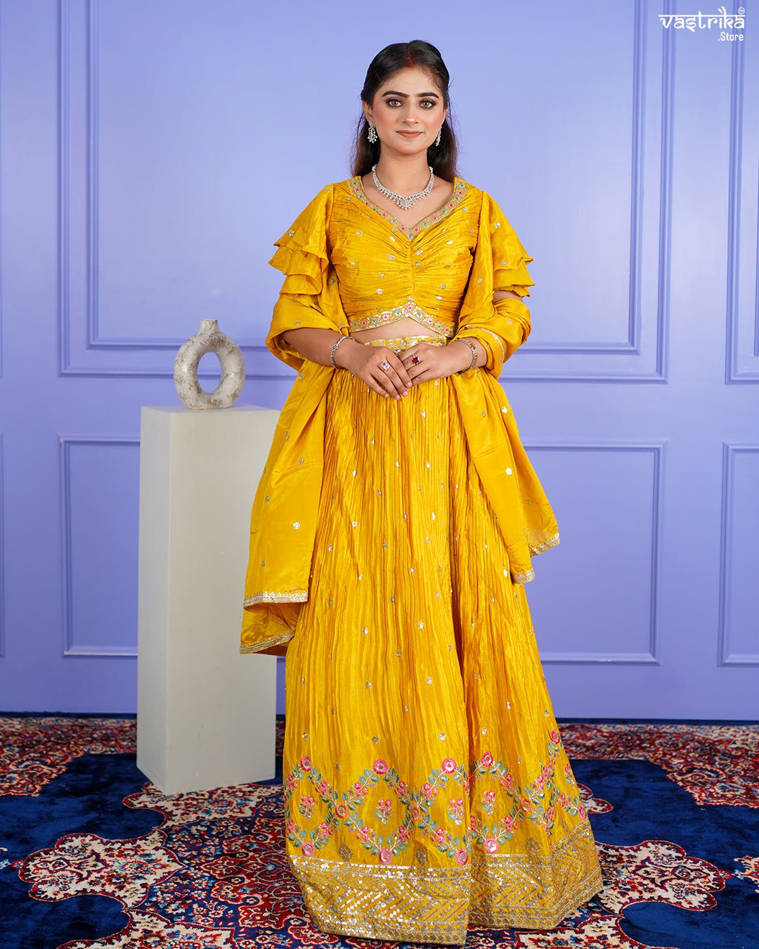Mustard Chinon Crop Top Set
