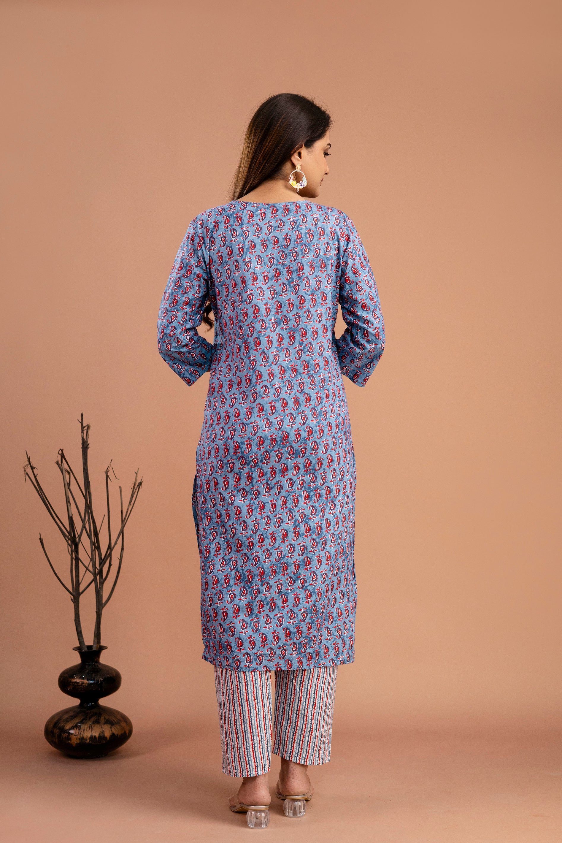 Printed Embroidered V-Neck Kurti Set