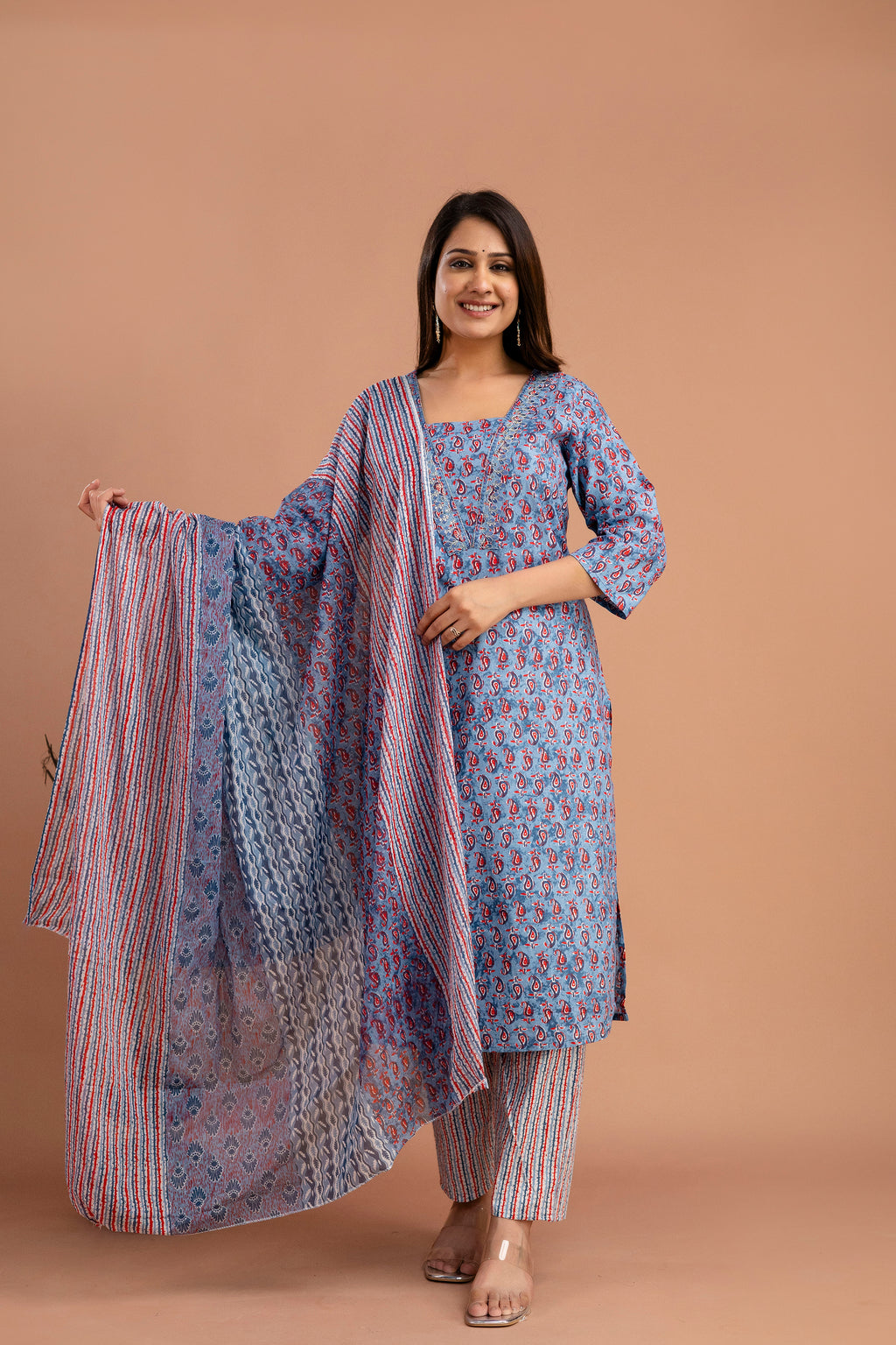 Printed Embroidered V-Neck Kurti Set