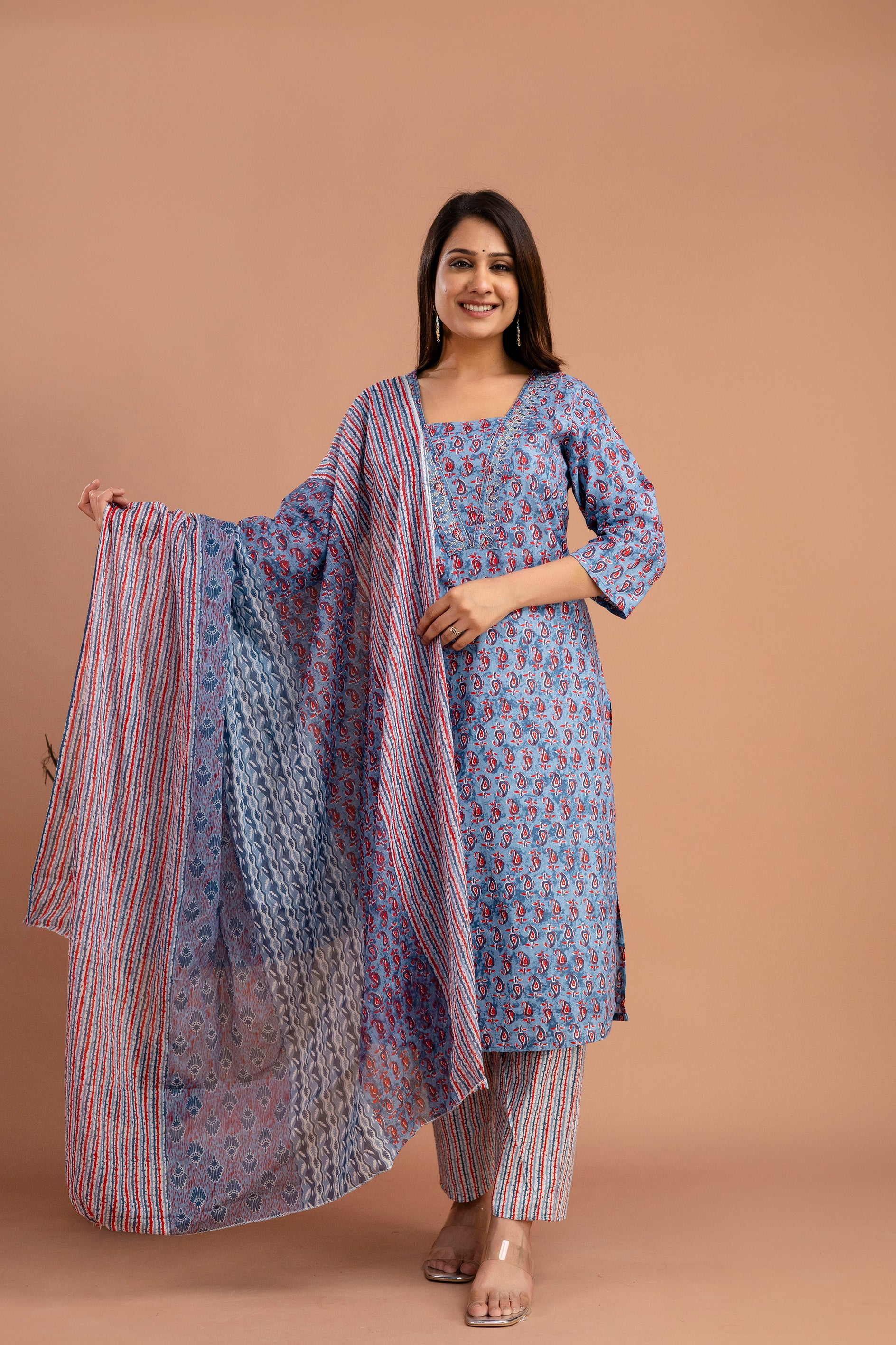 Printed Embroidered V-Neck Kurti Set