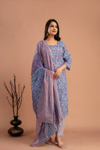Printed Embroidered V-Neck Kurti Set