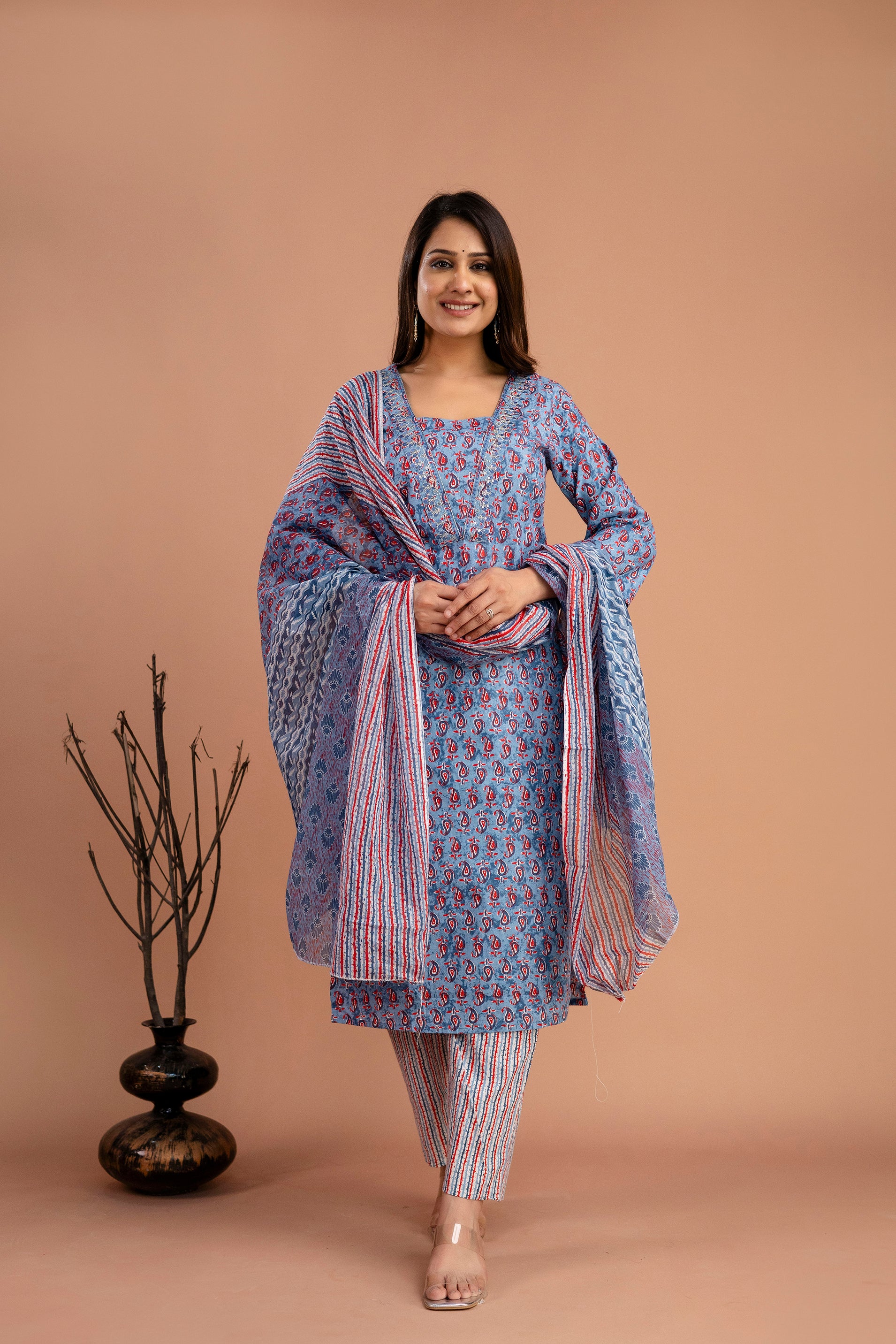 Printed Embroidered V-Neck Kurti Set