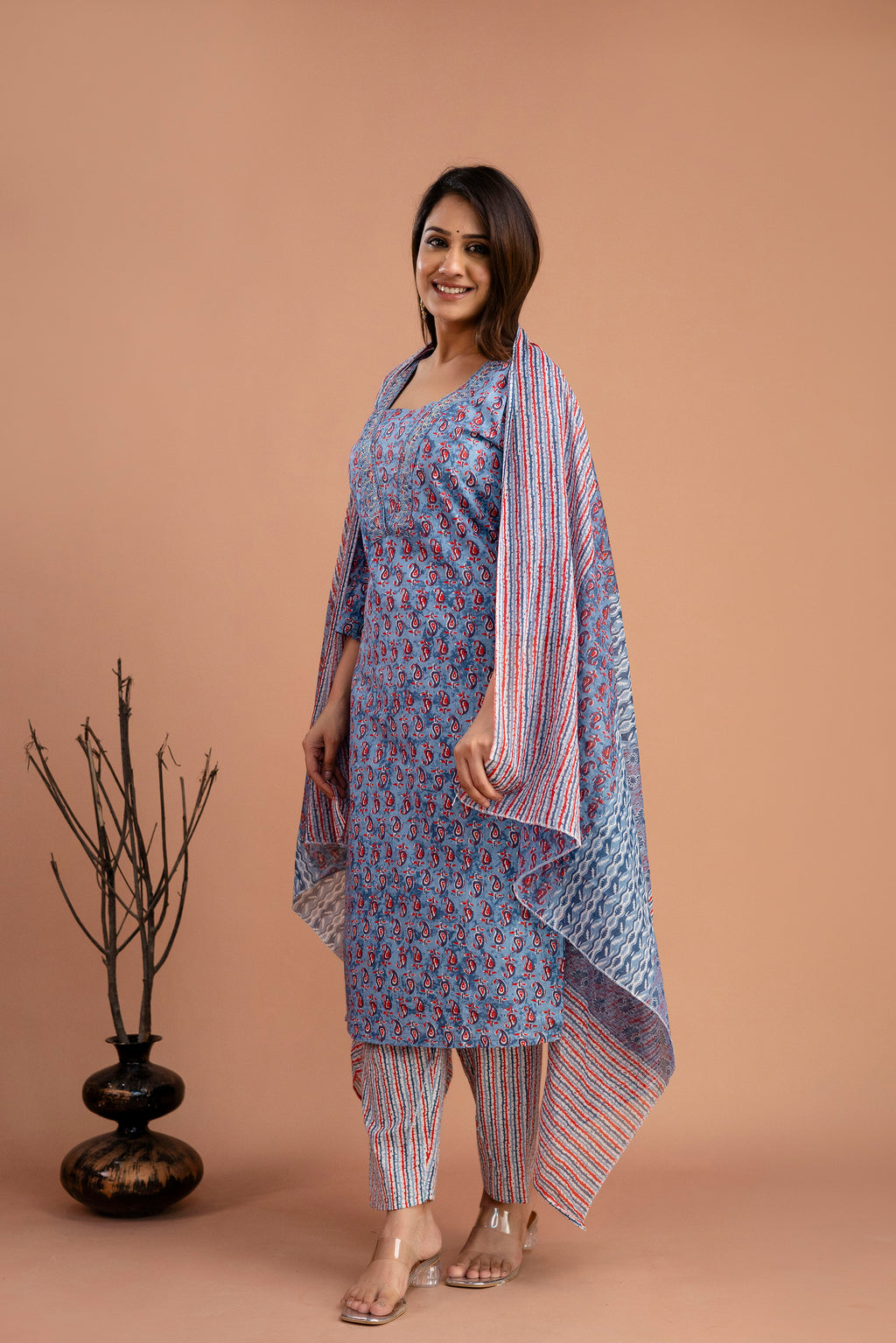 Printed Embroidered V-Neck Kurti Set
