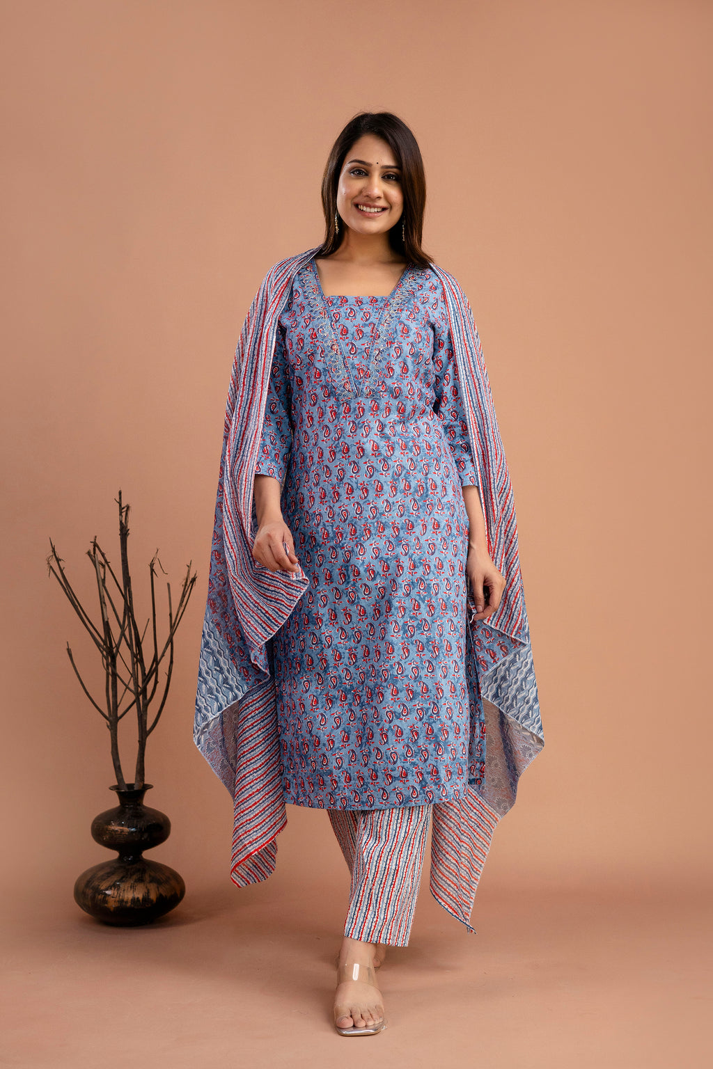 Printed Embroidered V-Neck Kurti Set