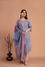 Printed Embroidered V-Neck Kurti Set