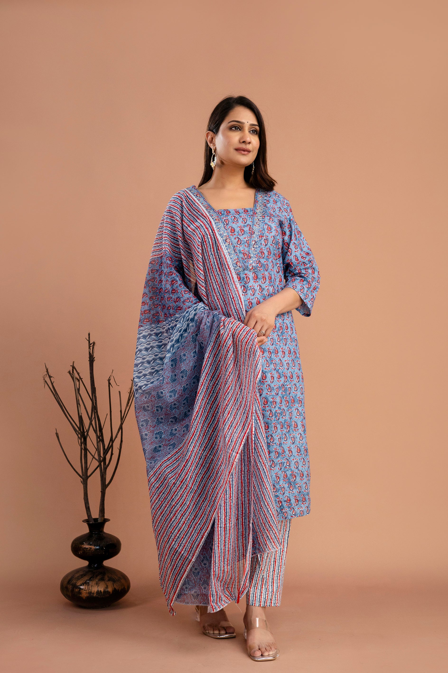 Printed Embroidered V-Neck Kurti Set