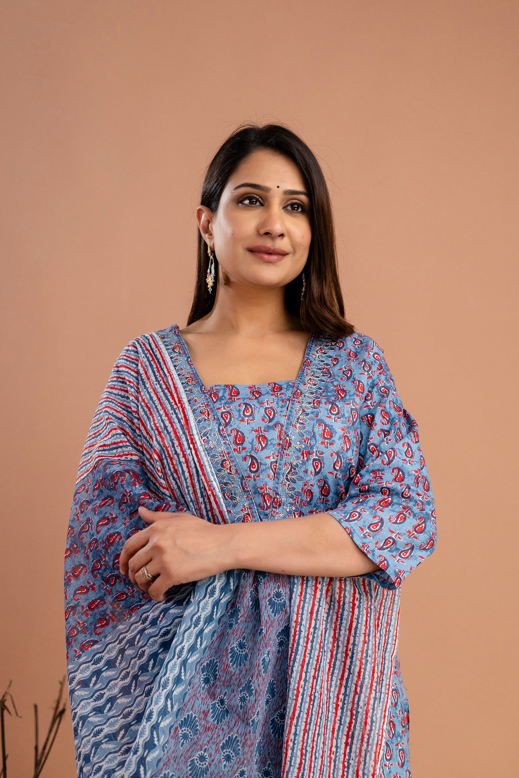 Printed Embroidered V-Neck Kurti Set