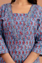 Printed Embroidered V-Neck Kurti Set