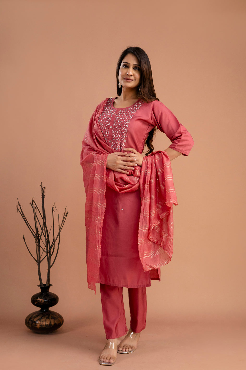 Handworked Kurti Set with Plain Dupatta