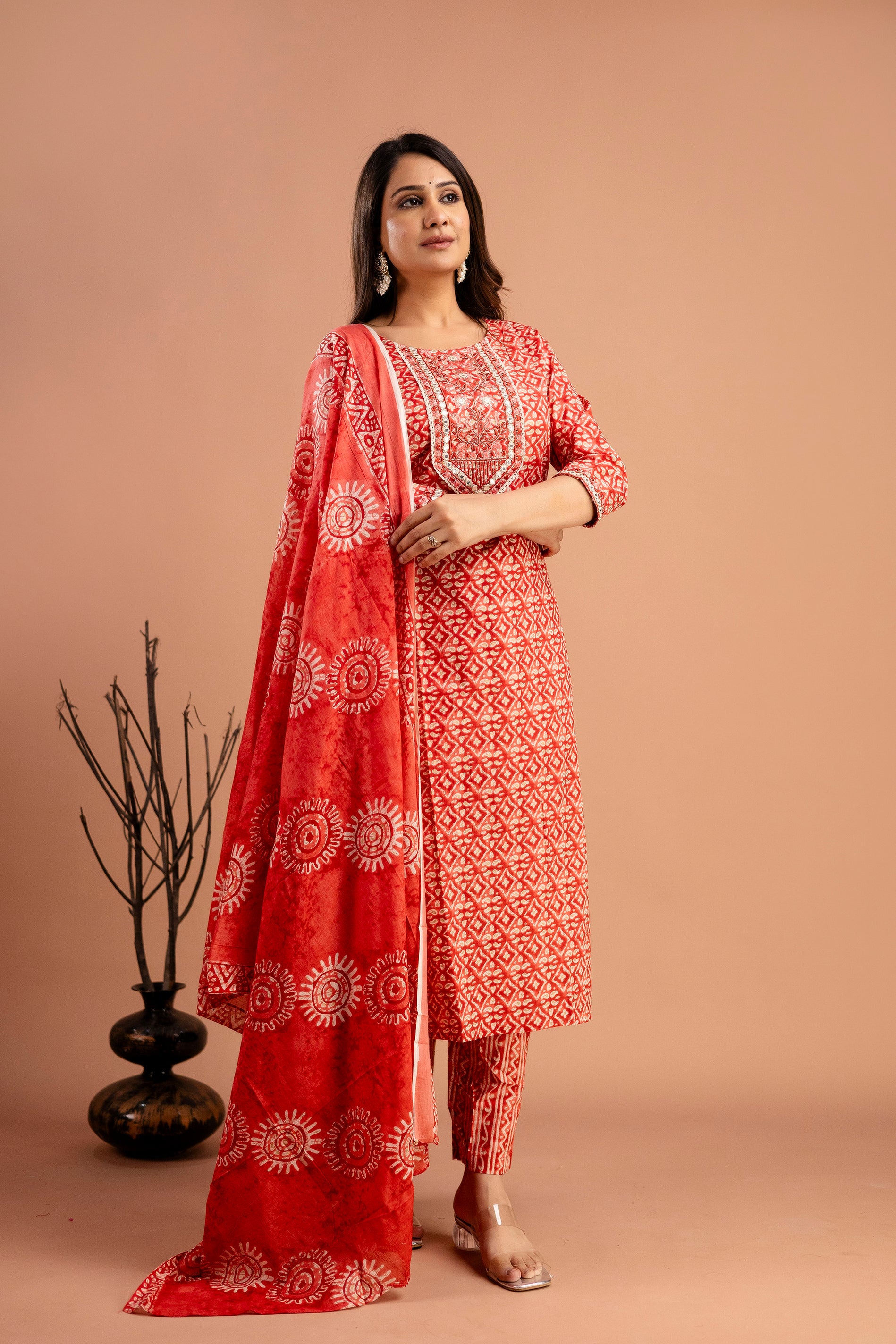Resham Embroidered Printed Kurti Set