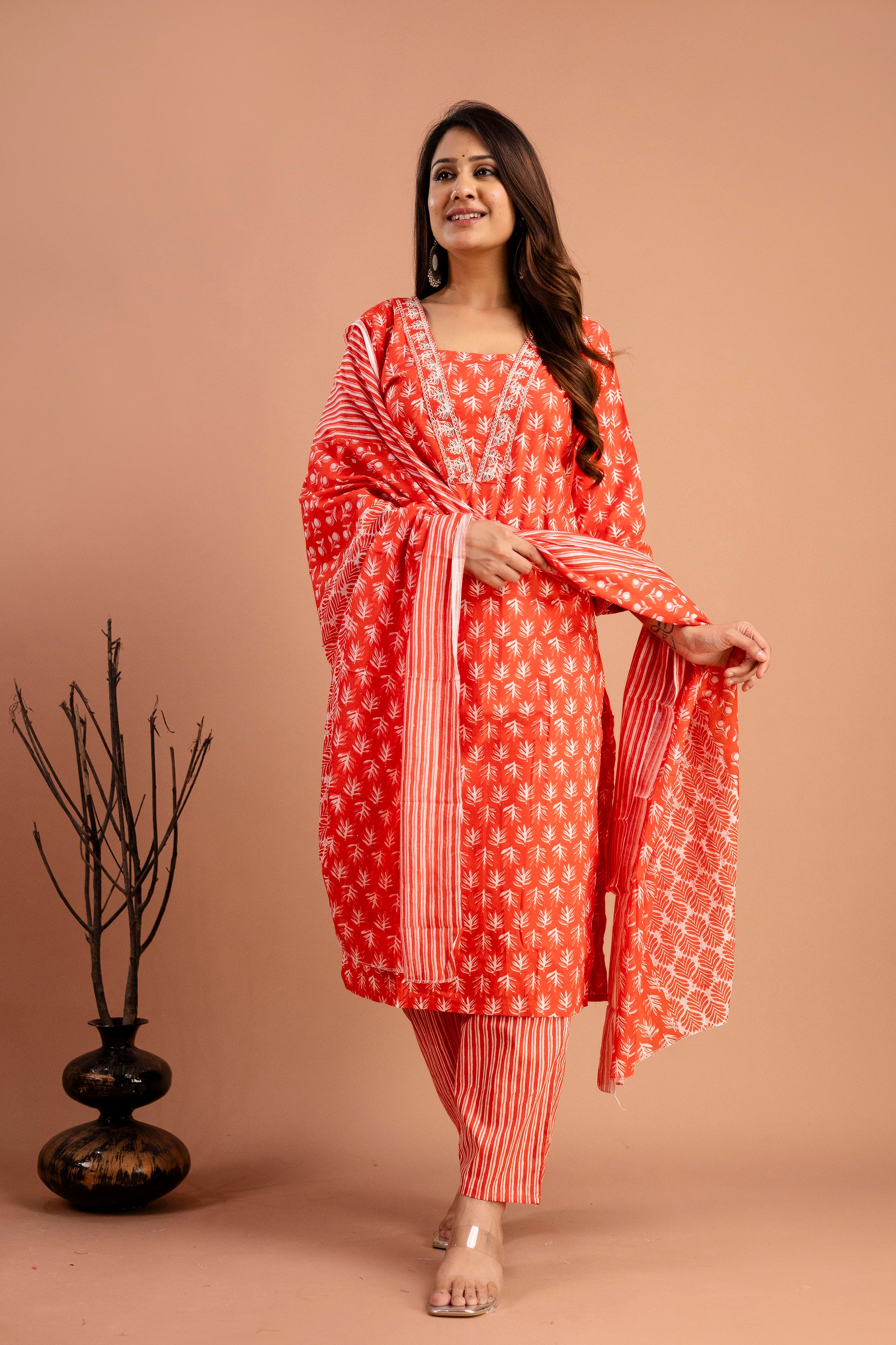 Printed Kurti with Resham Work V-Neck