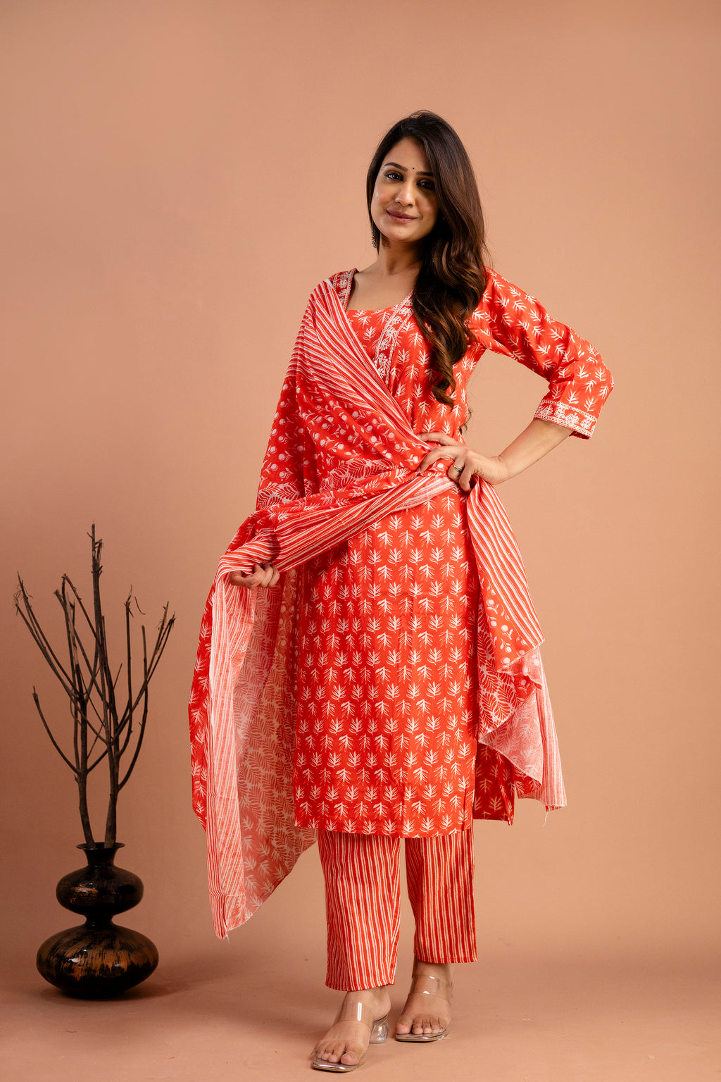 Printed Kurti with Resham Work V-Neck