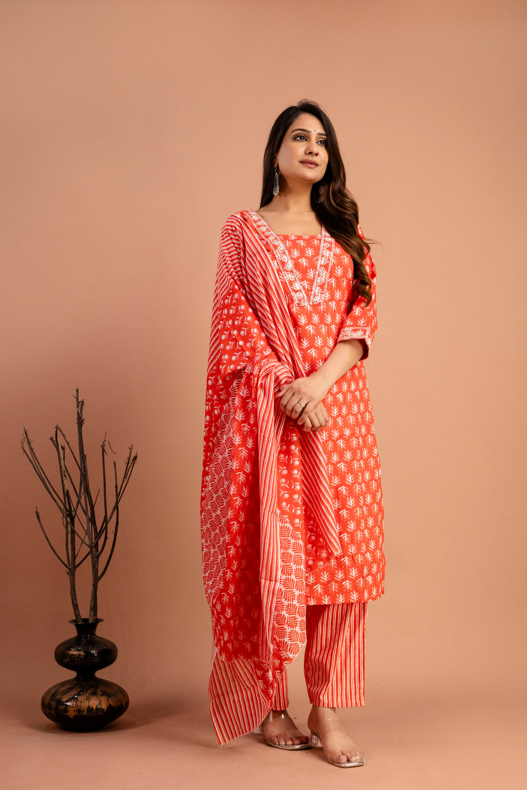 Printed Kurti with Resham Work V-Neck