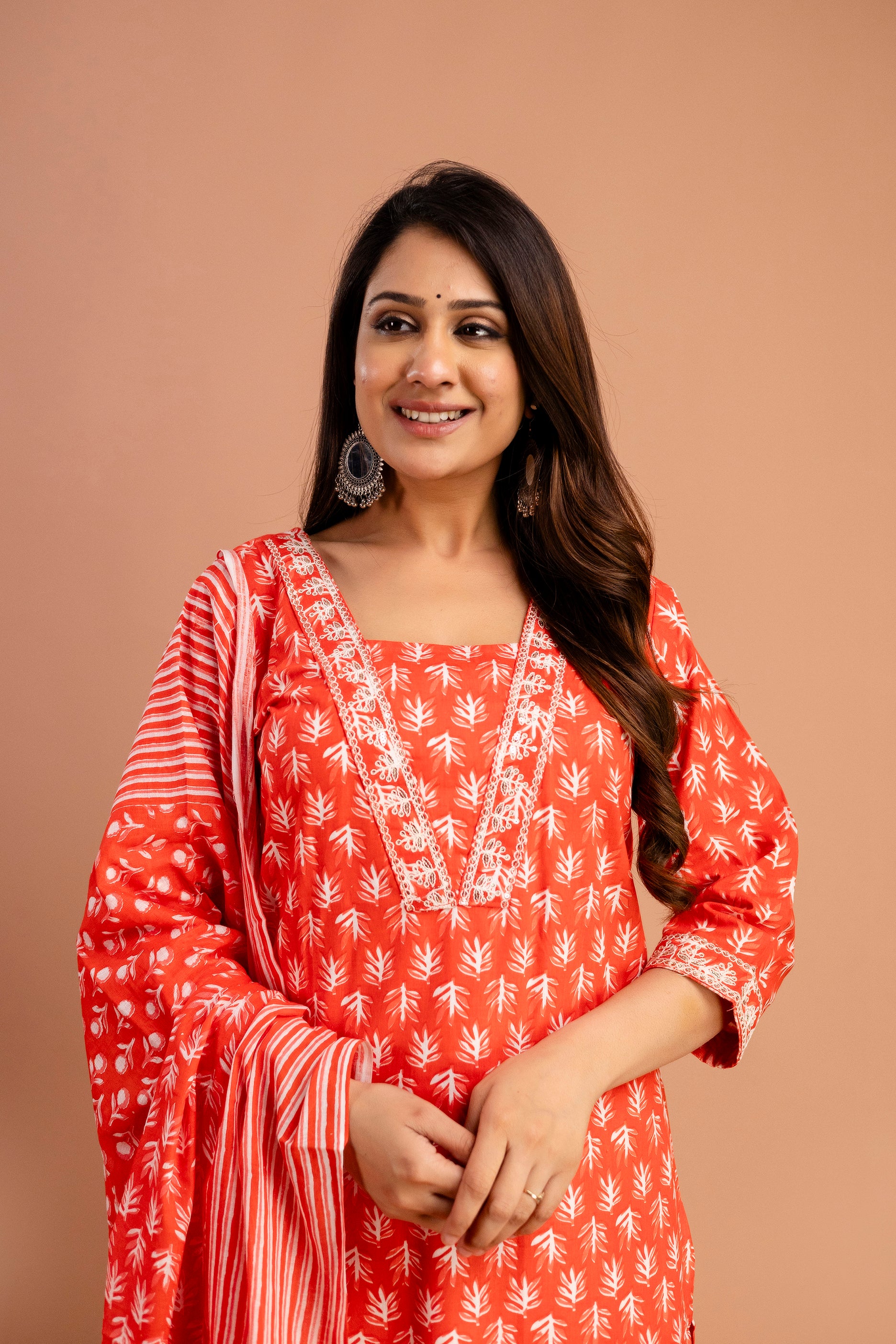 Printed Kurti with Resham Work V-Neck