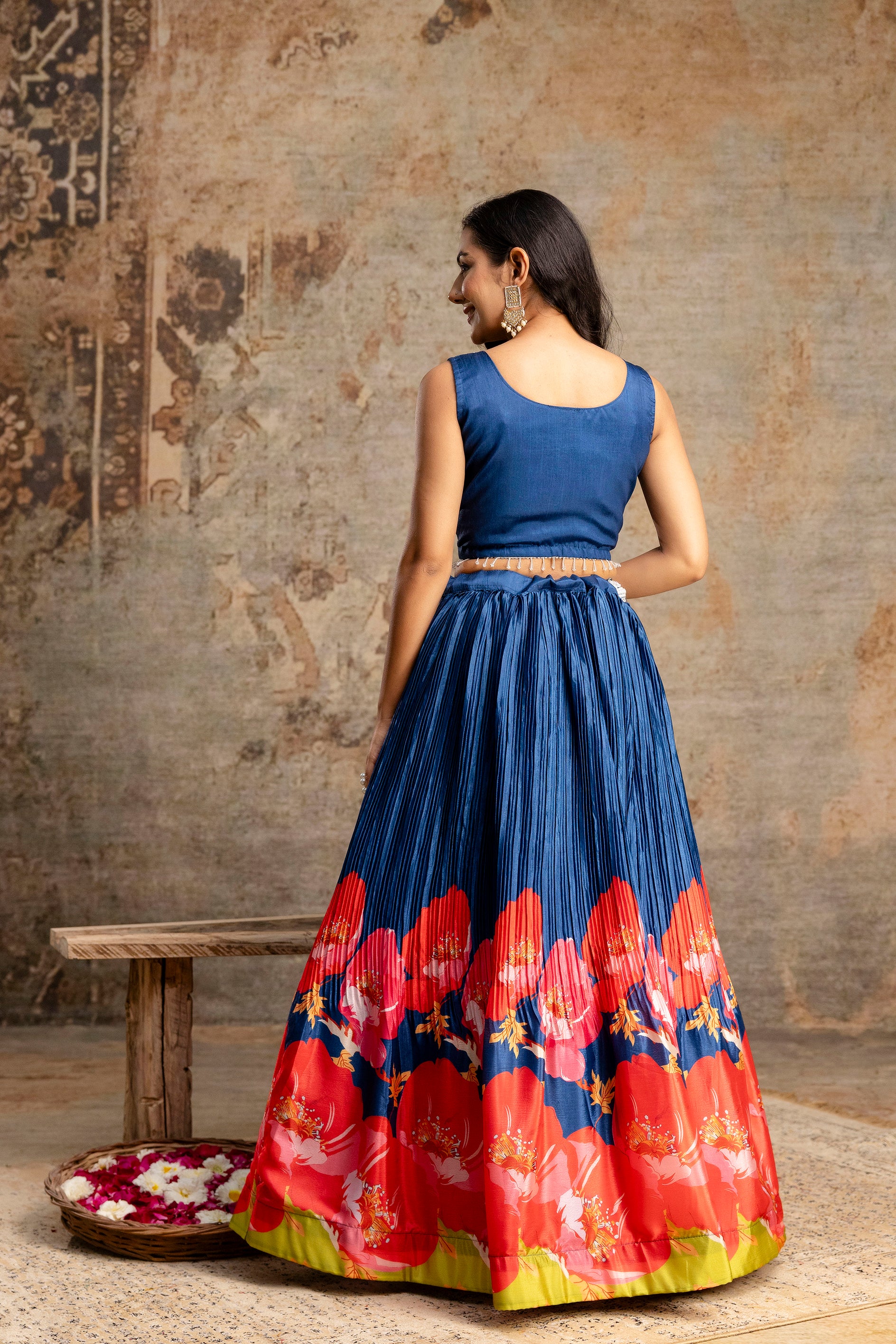 Handworked Crop Top with Printed Skirt