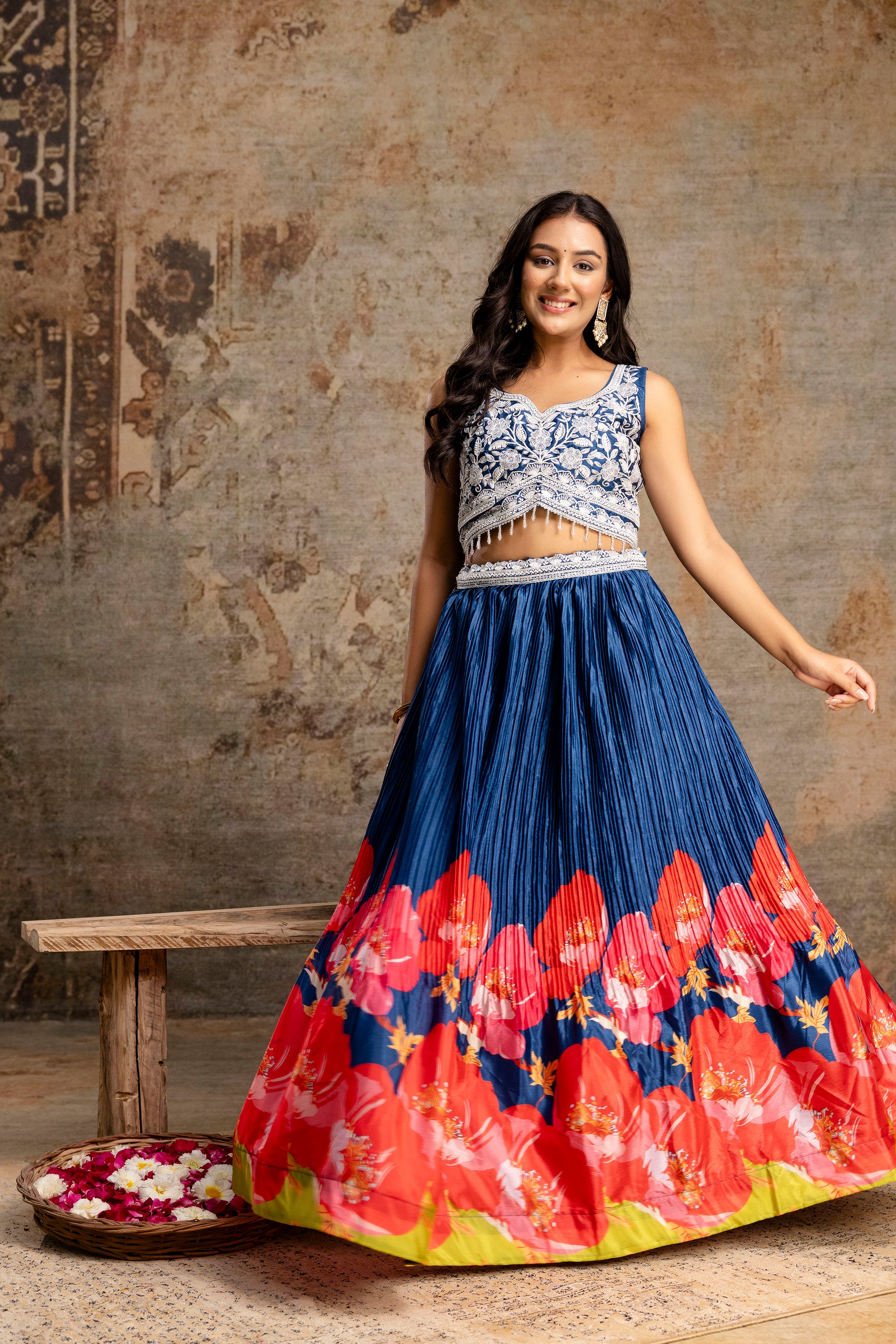 Handworked Crop Top with Printed Skirt