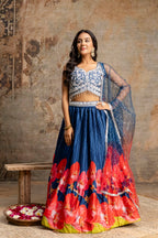 Handworked Crop Top with Printed Skirt