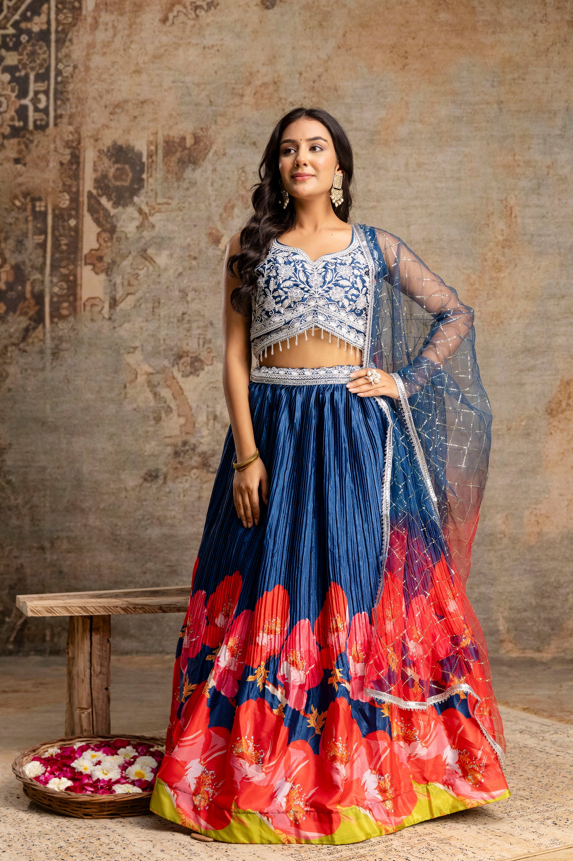 Handworked Crop Top with Printed Skirt