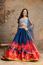 Handworked Crop Top with Printed Skirt