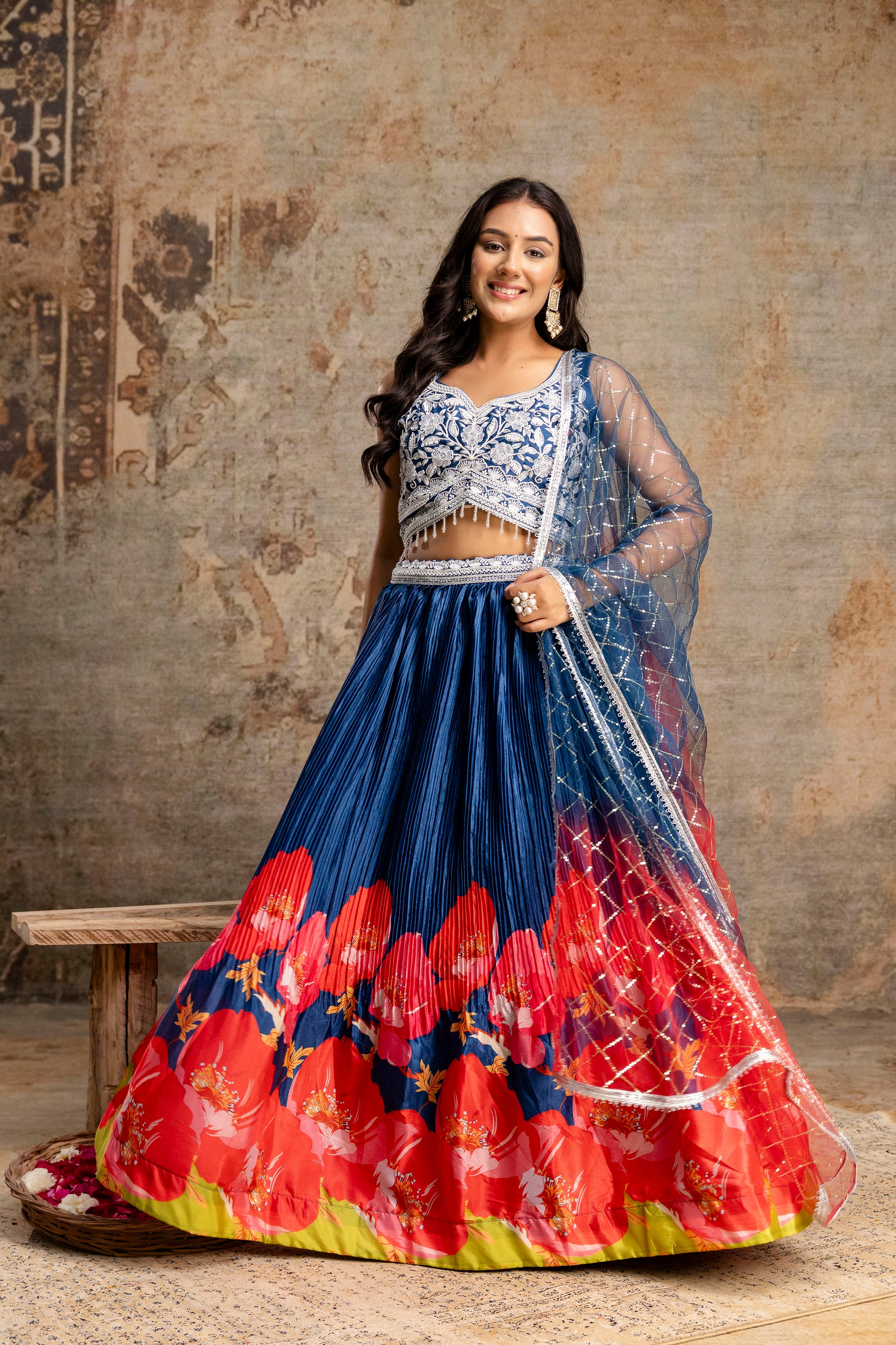Handworked Crop Top with Printed Skirt