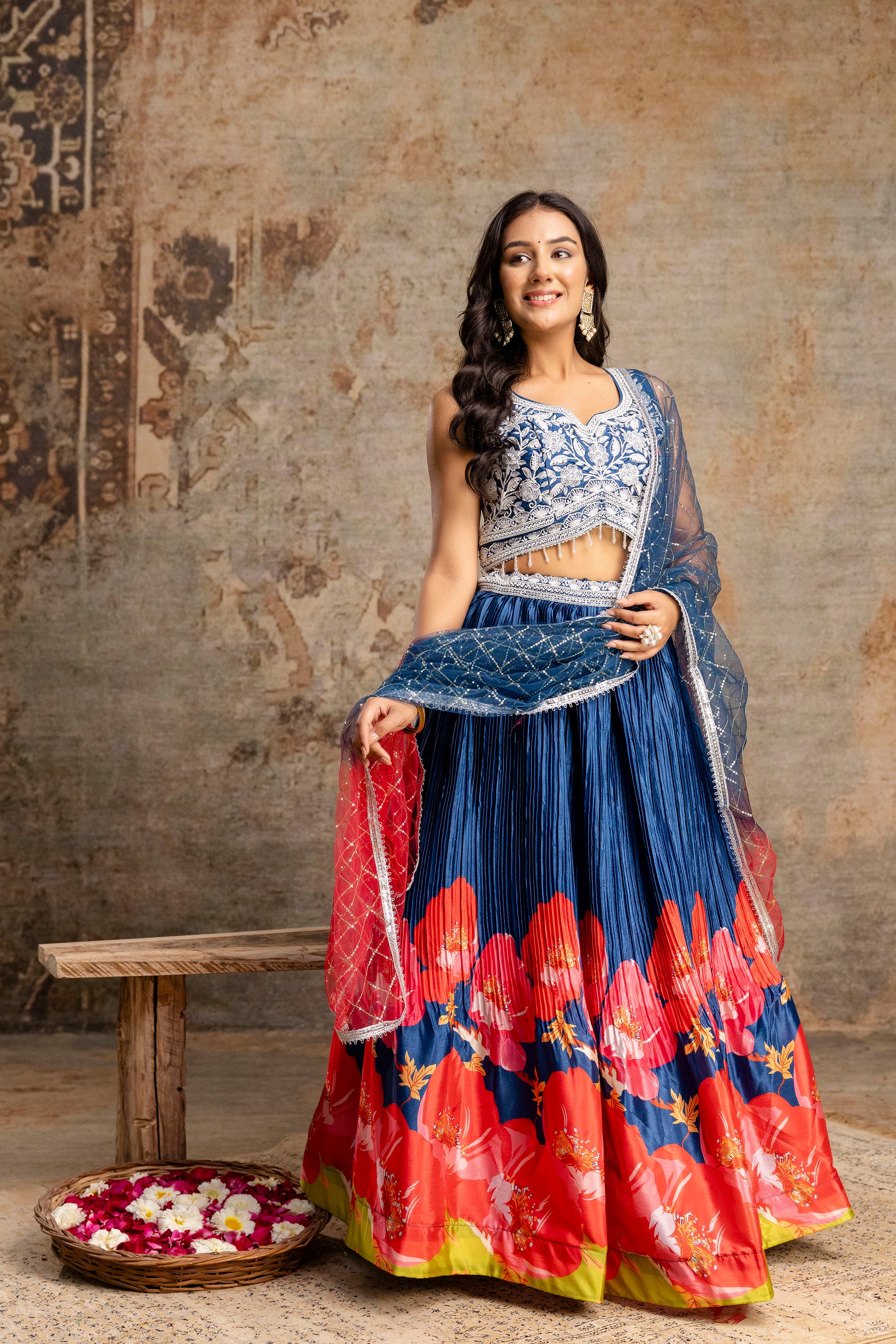 Handworked Crop Top with Printed Skirt