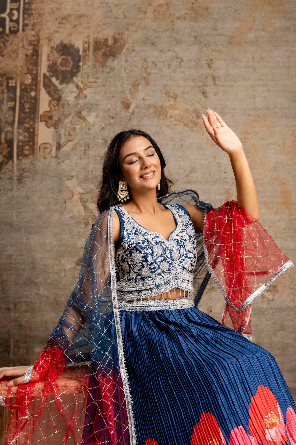 Handworked Crop Top with Printed Skirt