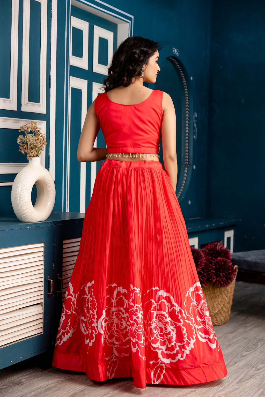 Silk Crop Top with Printed Skirt