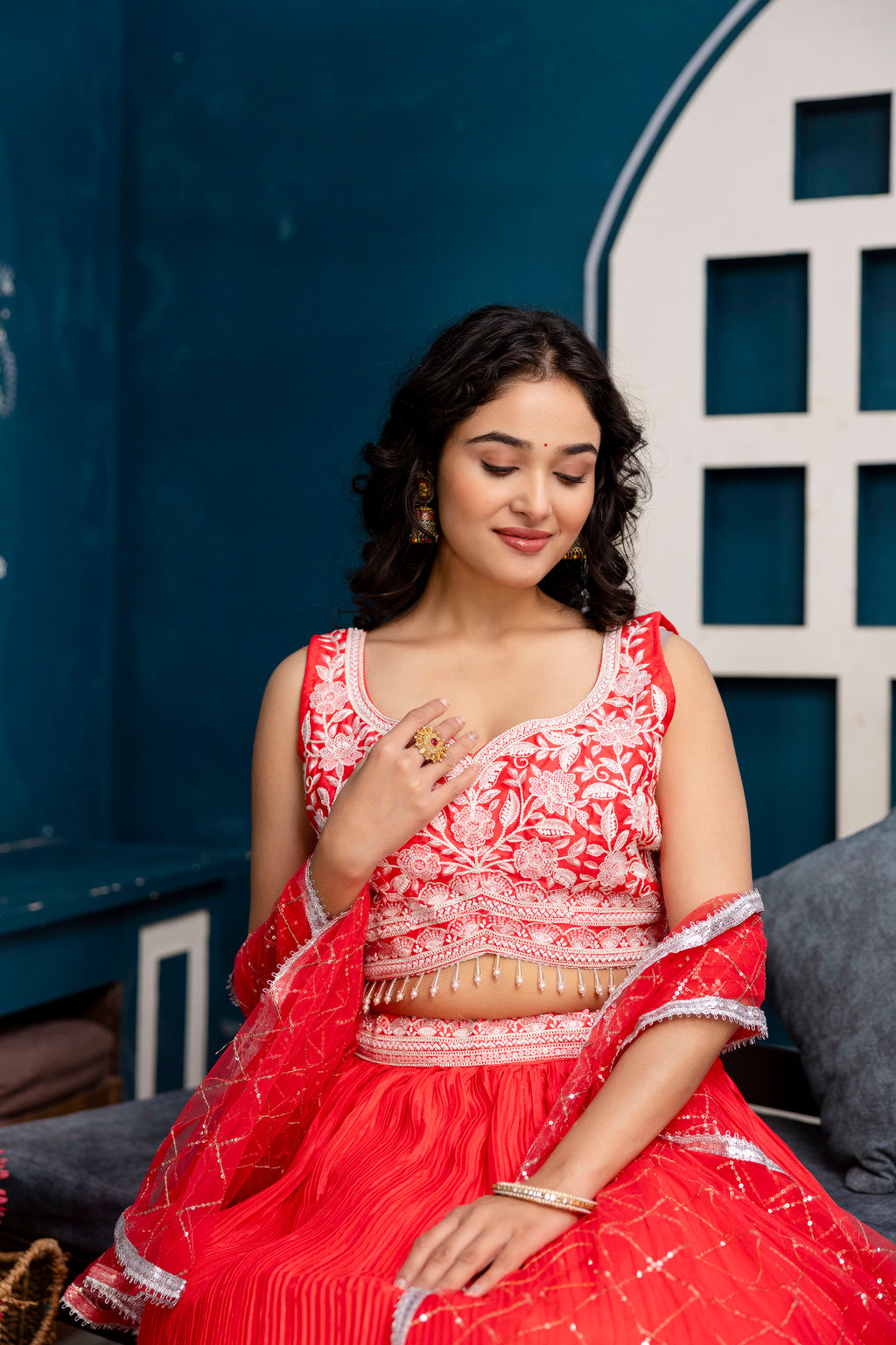 Silk Crop Top with Printed Skirt