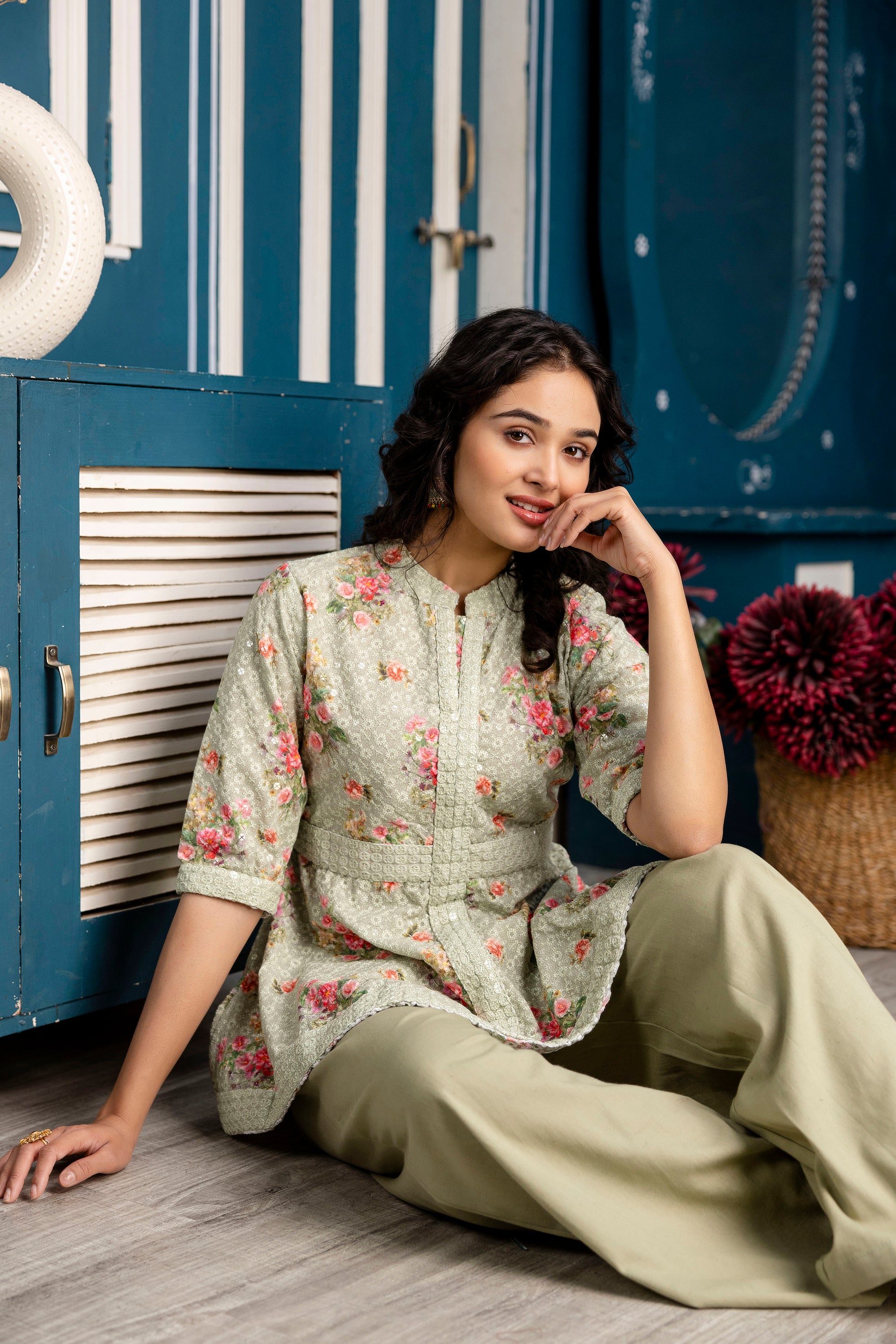 Digital Print Kurti with Plain Flapper
