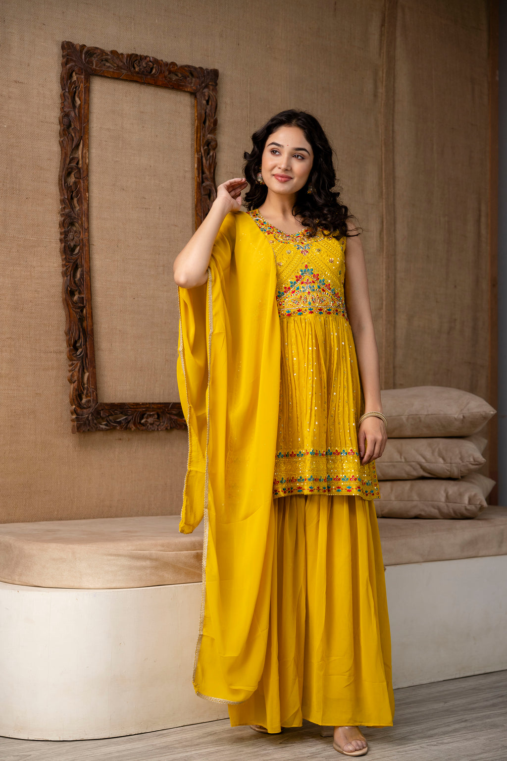 Resham Work Kurti Set with Sharara