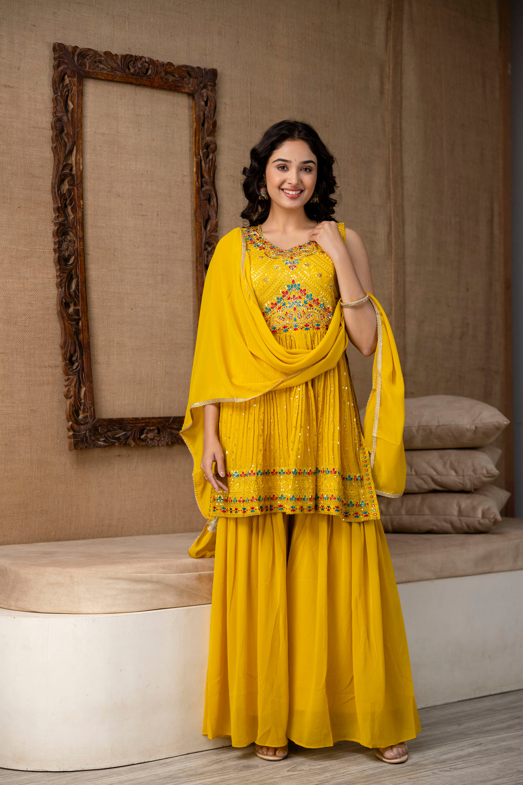 Resham Work Kurti Set with Sharara